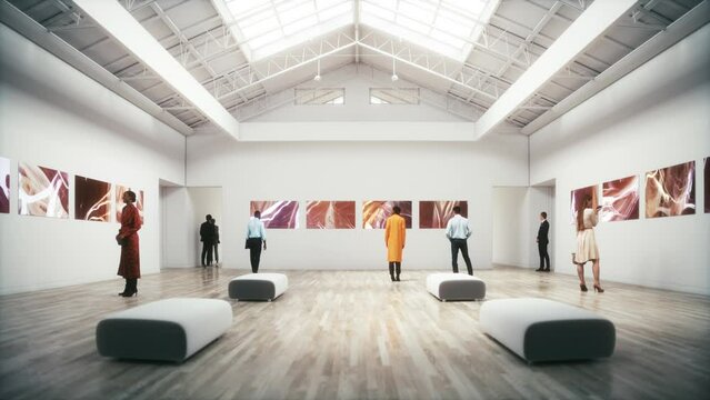 People in the Museum of Modern Art. Gallery of contemporary art. 3d animation