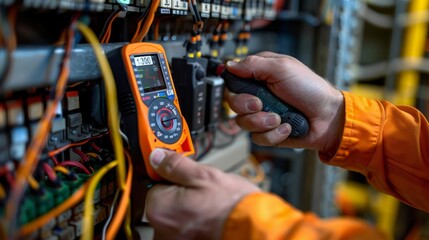 Hand holding multimeter checking electrical components in panel box