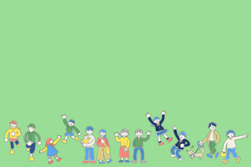 横に並んでいる多世代の人々のゆるいイラスト（セット）