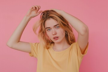 Worried young woman with hair loss problem on pink background, Concerned Young Woman Facing Hair Loss Problem on Pink Background, Worried Female with Hair Thinning Issues on Pink Background