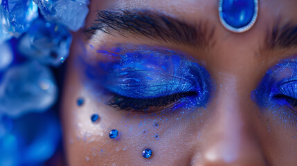 Close-up of a woman's face with blue eye makeup highlighting her eyes and lips