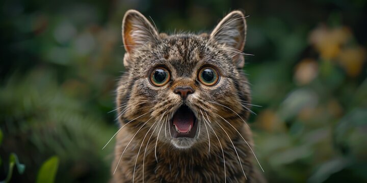 Close-up of a Surprised Tabby Cat with Wide Eyes and Mouth Open in a Garden Setting with Greenery in the Backgroundcat