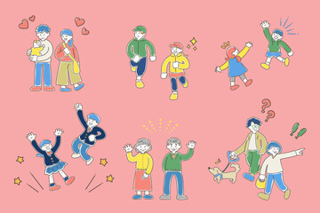 多世代の人々と簡単な気分アイコンのゆるいイラスト（セット）