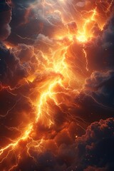 Fiery Lightning Storm Illuminating Dark Chaotic Skies with Intense Electrical Bolts and Dramatic Clouds in Atmospheric Night Scenelightning