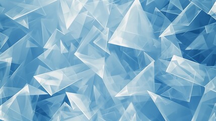 A peaceful blue background with a random mix of layered white transparent triangles, diamonds, and squares, creating a serene abstract geometric pattern.