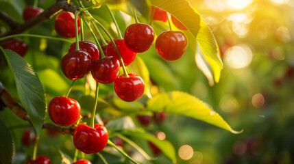 Cluster of cherries on a tree with vibrant colors