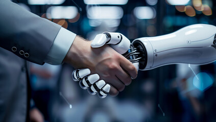 A humanoid robot shakes hands with a businessman, set in a futuristic high-tech environment.