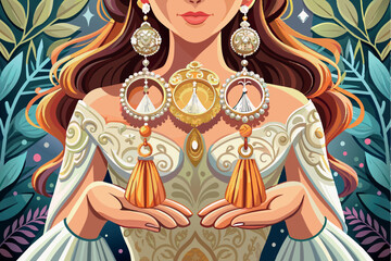 A woman in a white wedding dress and veil is holding two different kinds of earrings.The decision-making theme probably symbolizes the small but important choices that go along with planning a special