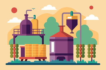 Winery Process. You can see two large round fermentation tanks standing outside next to bunches of purple grapes. Next to the tanks is a building - the winery's tasting room.