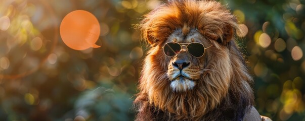 Lion wearing sunglasses, summer safari, copy space, empty saying bubble