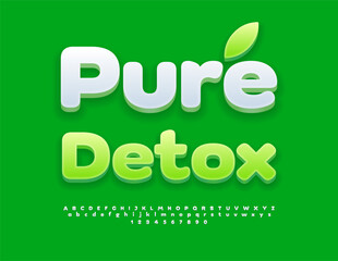 Vector healthy poster Pure Detox. Cute Green Font. Modern 3D Alphabet Letters and Numbers set.