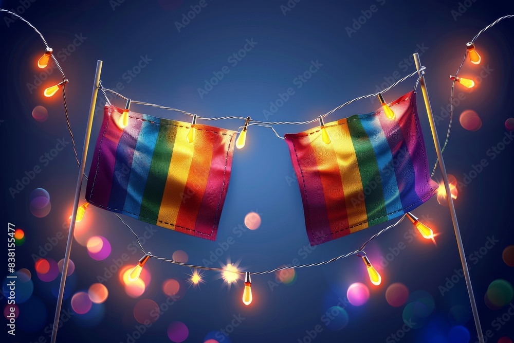 Poster string of rainbow flags with festive lights against a dark background symbolizing celebration and un