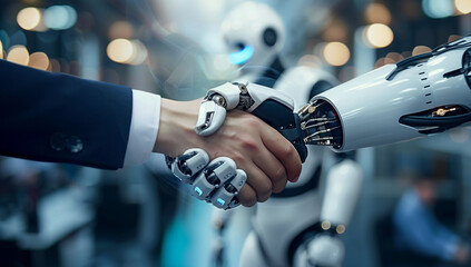A humanoid robot shakes hands with a businessman, set in a futuristic high-tech environment.
