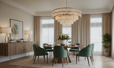 Fototapeta premium a high-quality 3D render of an elegant dining area, emphasizing sophistication and comfort. Incorporate a stylish dining table, comfortable chairs, and a statement chandelier.