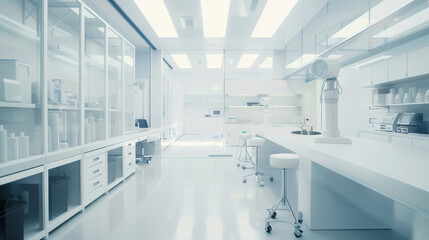 Sleek, white laboratory interior with high-tech equipment and pristine surfaces.