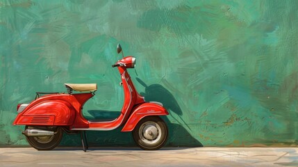 A vintage red scooter is parked against a green Background.