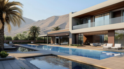 Fototapeta premium Luxurious poolside villa nestled at the foot of majestic desert mountains.