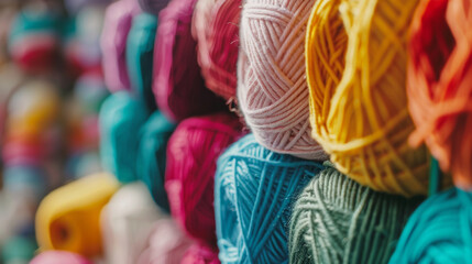 Fototapeta premium An assortment of colorful yarns lines-up; a feast for the creative soul.