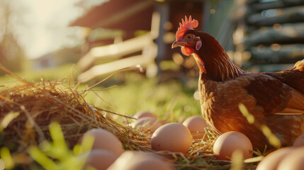 Backlit hen sits proudly with her eggs at dusk on a countryside farm.