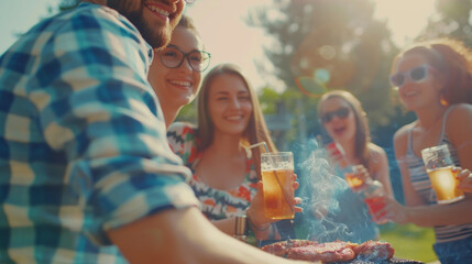 Friends sharing laughter around a sunlit barbecue grill with drinks.