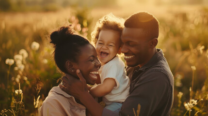 Fototapeta premium Radiant family enjoying a golden hour embrace amidst wildflowers.