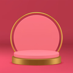 3d golden cylinder podium pedestal with circle wall background for show realistic vector