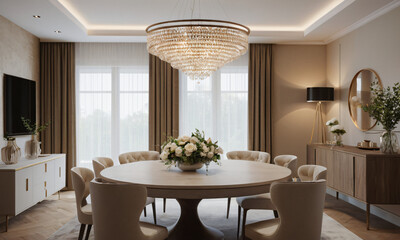 a high-quality 3D render of an elegant dining area, emphasizing sophistication and comfort. Incorporate a stylish dining table, comfortable chairs, and a statement chandelier.