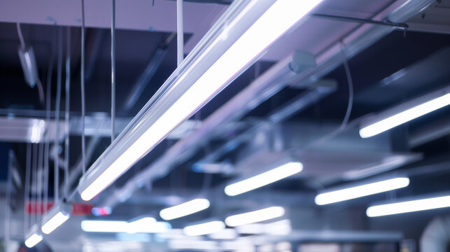 Abstract view of modern fluorescent lights in a blurred industrial setting.