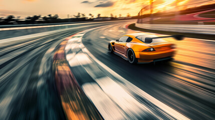 Fototapeta premium A motion blur captures the high-speed thrill of a yellow sports car on the race track.