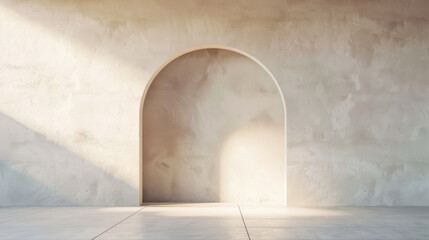 Sunlit minimalist space with a texture-covered wall and lone arched entry casting a subtle shadow.