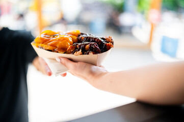 Close-up of a hand holding a paper tray with delicious-looking cheesy fries topped with a rich,...