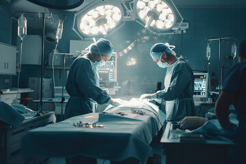 Doctor performing surgeon in medical room.
