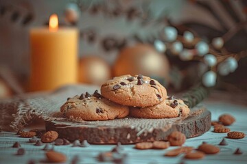 Cozy image of chocolate chip cookies on a wooden board with a candle in the background, creating a warm and inviting atmosphere.