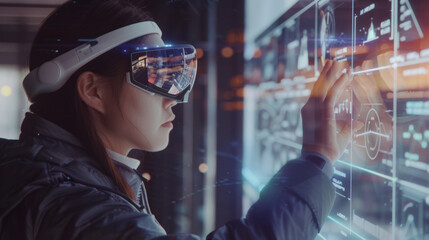 Woman engaging with a high-tech touchscreen interface in augmented reality.