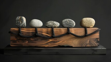 A serene sculpture with a wooden base, iron twists, and balanced stones creates tranquility by blending natural elements in a modern, minimalist design for an elegant and peaceful atmosphere