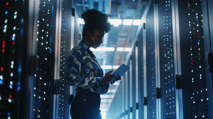 Woman data center technician reviews server information on tablet amid glowing racks.