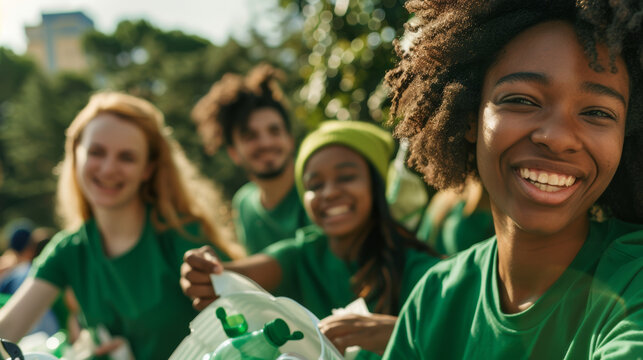 Diverse group of joyful volunteers collecting recyclables in a sunlit park.