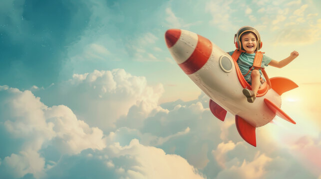 Child in astronaut helmet riding a rocket, imagination soaring through clouds. - Powered by Adobe