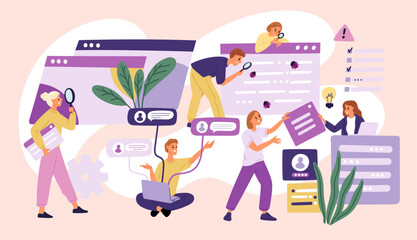 Searching process for errors in application. Testing programs. People fixing bugs in software. App development. Looking for antivirus mistakes with magnifiers. Garish vector concept