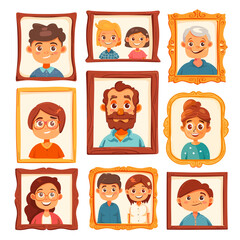 Fototapeta premium Family photo frames. Happy big families cartoon characters photograph frame, father mother children parents together memory picture snapshot vector illustration