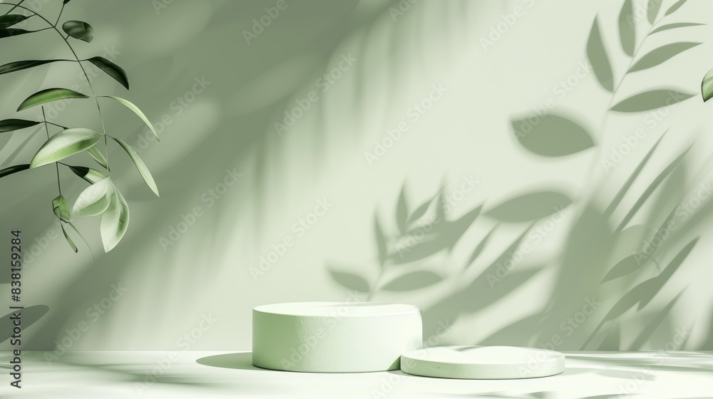 Poster abstract green background with two podiums for product presentation with green leaves shadow.