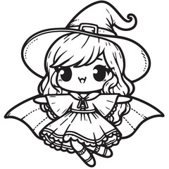 Halloween cute flying witch illustration line art