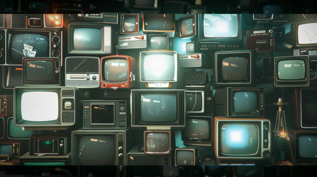 Vintage TVs stack in nostalgic harmony, recalling the golden age of broadcasting.