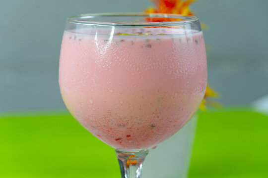 Gond Katira and Rose Syrup with Milk drink for Summer. Tragacanth Gum rose Syrup and Milk Drink. Perfect Summer Drink 