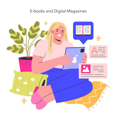 E-books and Digital Magazines concept A reader dives into the world of digital literature, surrounded by the comforts of home Embracing the future of reading Vector illustration