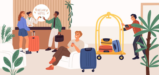 Hotel reception. Guests resting in lobby. People waiting for settlement. Hospitality service. Porter carrying luggage. Receptionist with keys. Guesthouse hall. Garish vector concept