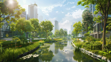 Fototapeta premium Urban oasis: serene river flanked by lush greenery and modern high-rises under a clear sky.