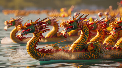 Obraz premium Colorful dragon boats racing with vigor on a shimmering watercourse.