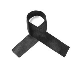 Black awareness ribbon isolated on white, top view