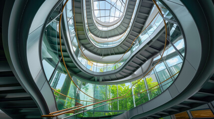 Fototapeta premium The graceful curves of a modern helical staircase spiral upwards beside lush greenery and glass.